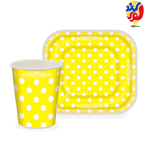 ست زیردستی و لیوان تم زرد خال سفید