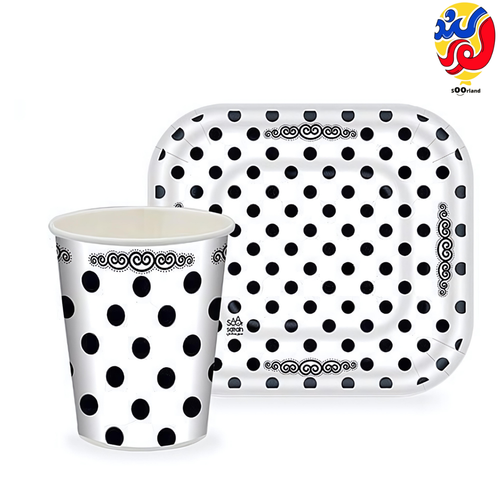 ست زیردستی و لیوان تم سفید خال مشکی