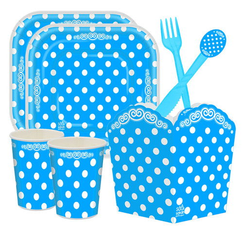 بهترین قیمت و خرید پکیج تولد تم آبی خالدار 10 نفره | فروشگاه سورلند