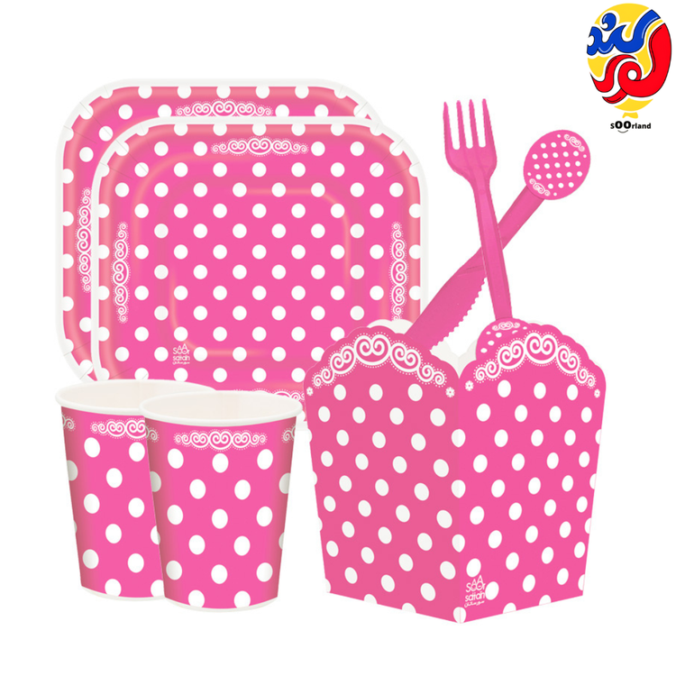 بهترین قیمت و خرید پکیج تولد تم صورتی خالدار 10 نفره | فروشگاه سورلند