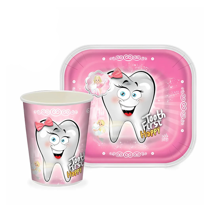 پیش دستی و لیوان تم دندونی صورتی دخترانه (first tooth party)
