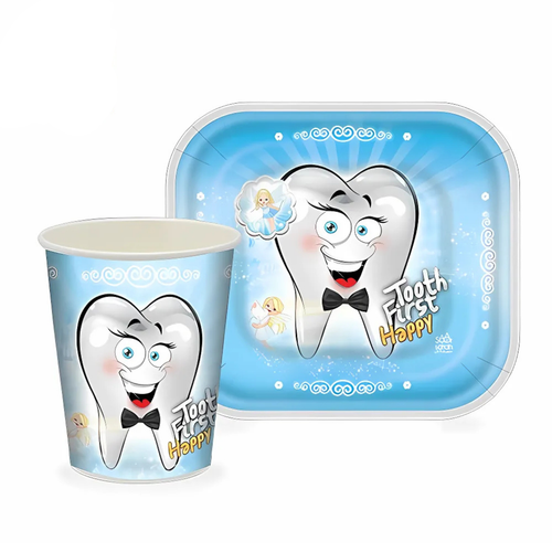 پیش دستی و لیوان تم دندونی آبی پسرانه (first tooth party)